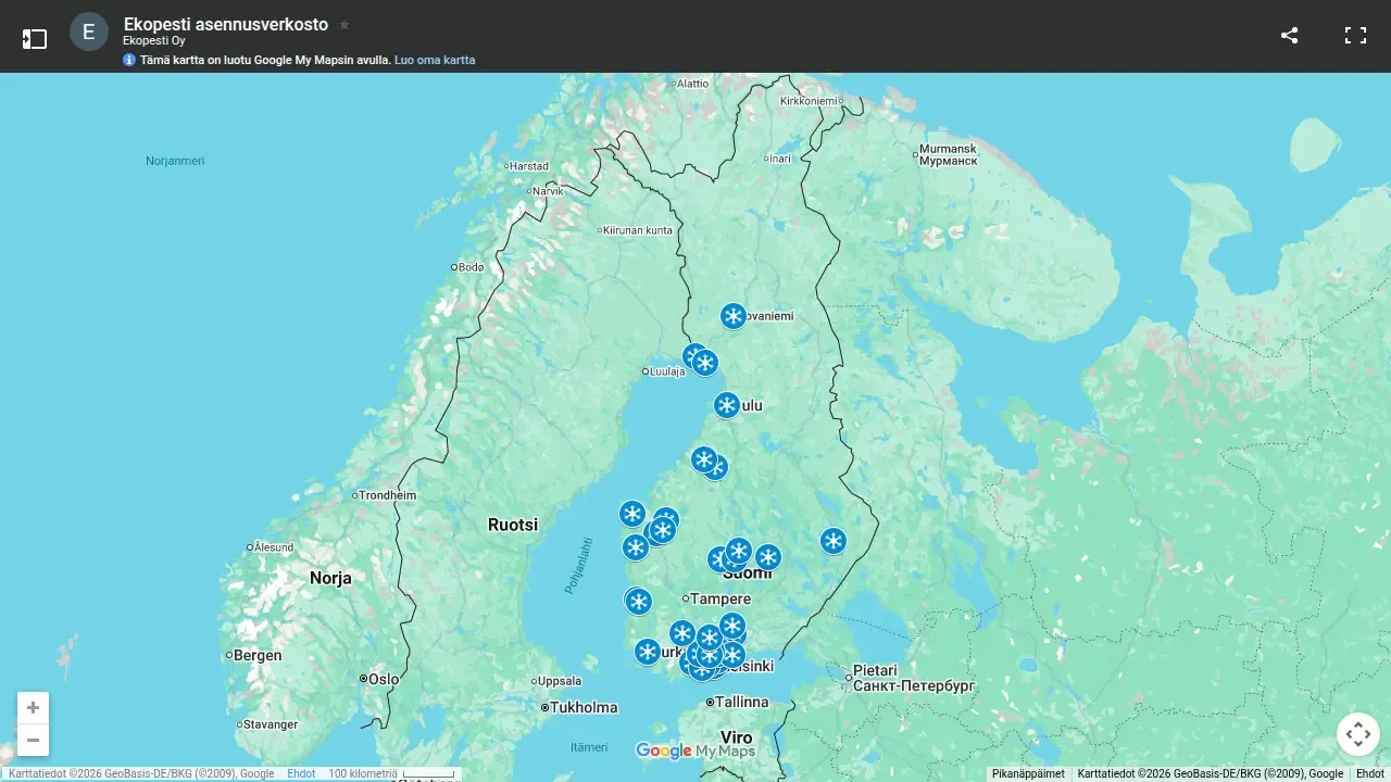 Ekopestin asennusverkoston kartta Suomessa